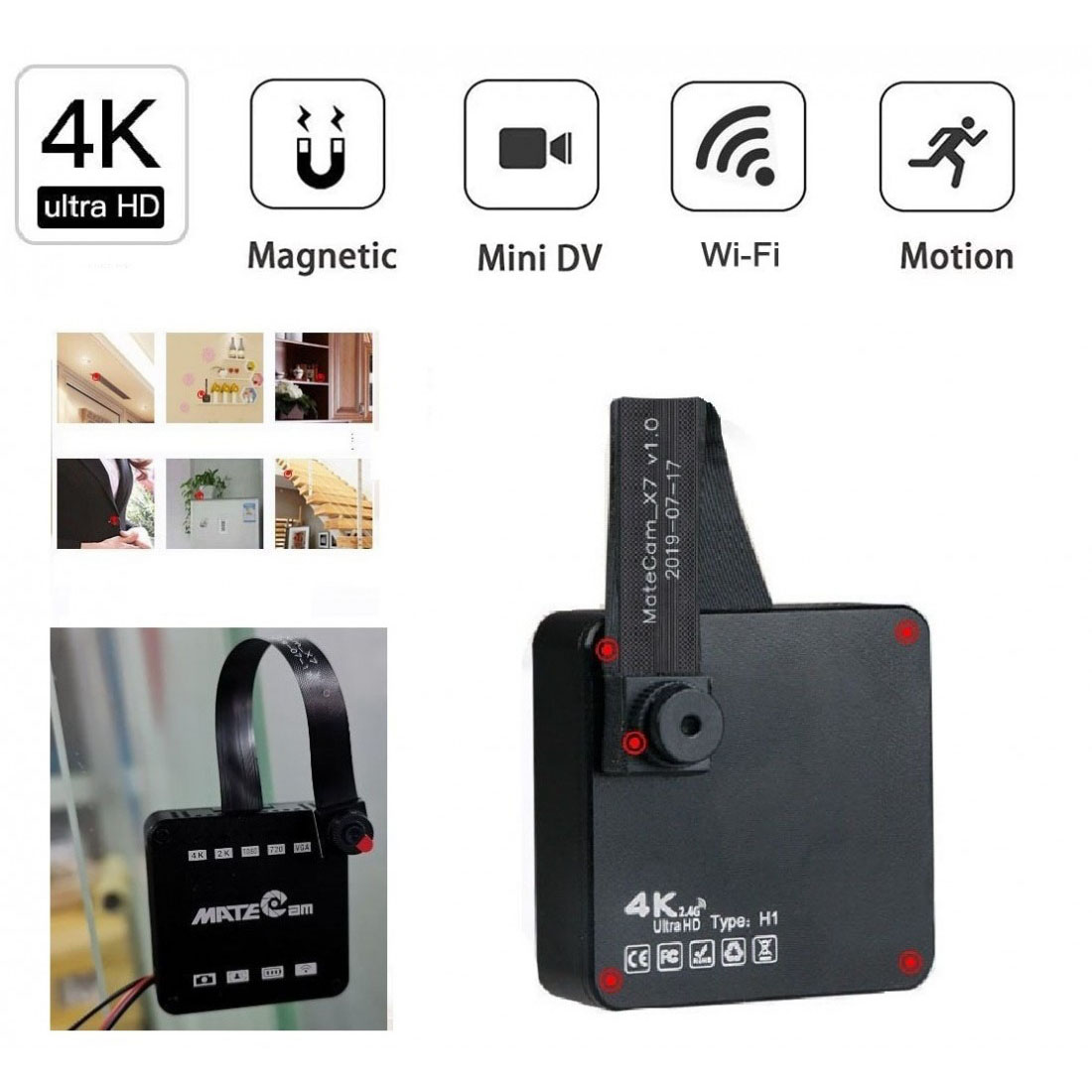 4K Unltra HD kémkamera, vezeték nélküli rejtett kamera mágnessel, mini hordozható otthoni biztonsági akkumulátorral működő rejtett dadus kamera, kis videórögzítő / mozgással aktiválható