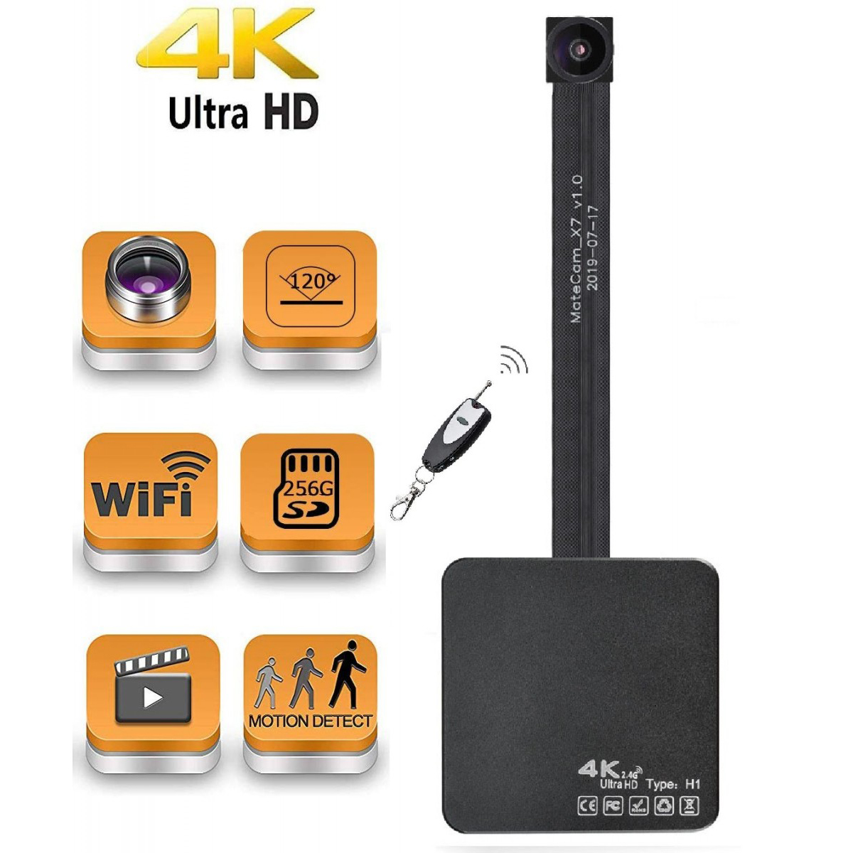 4K 120° lins Real Ultra HD WiFi dold spionkamera Minikamera Bärbar trådlös videokamera Videoinspelare med rörelsedetektering Nanny Cam för hemsäkerhetsövervakning upp till 400 GB