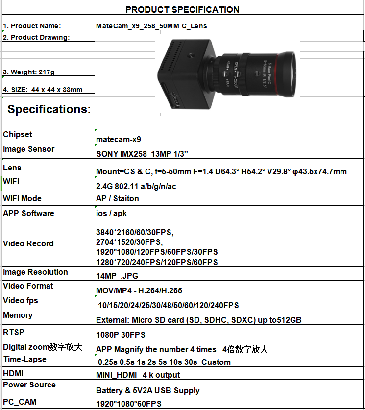4k @ 60fps FHD Mini Câmera IP Telescópio Wifi com IMX258 50mm 10x gravador de lente com zoom óptico para X9 sem bateria, fácil de transportar